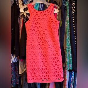 Lilly Pulitzer Mango Pink Sun Ray Daisy Laser Cut Scuba Ponte Shift Dress